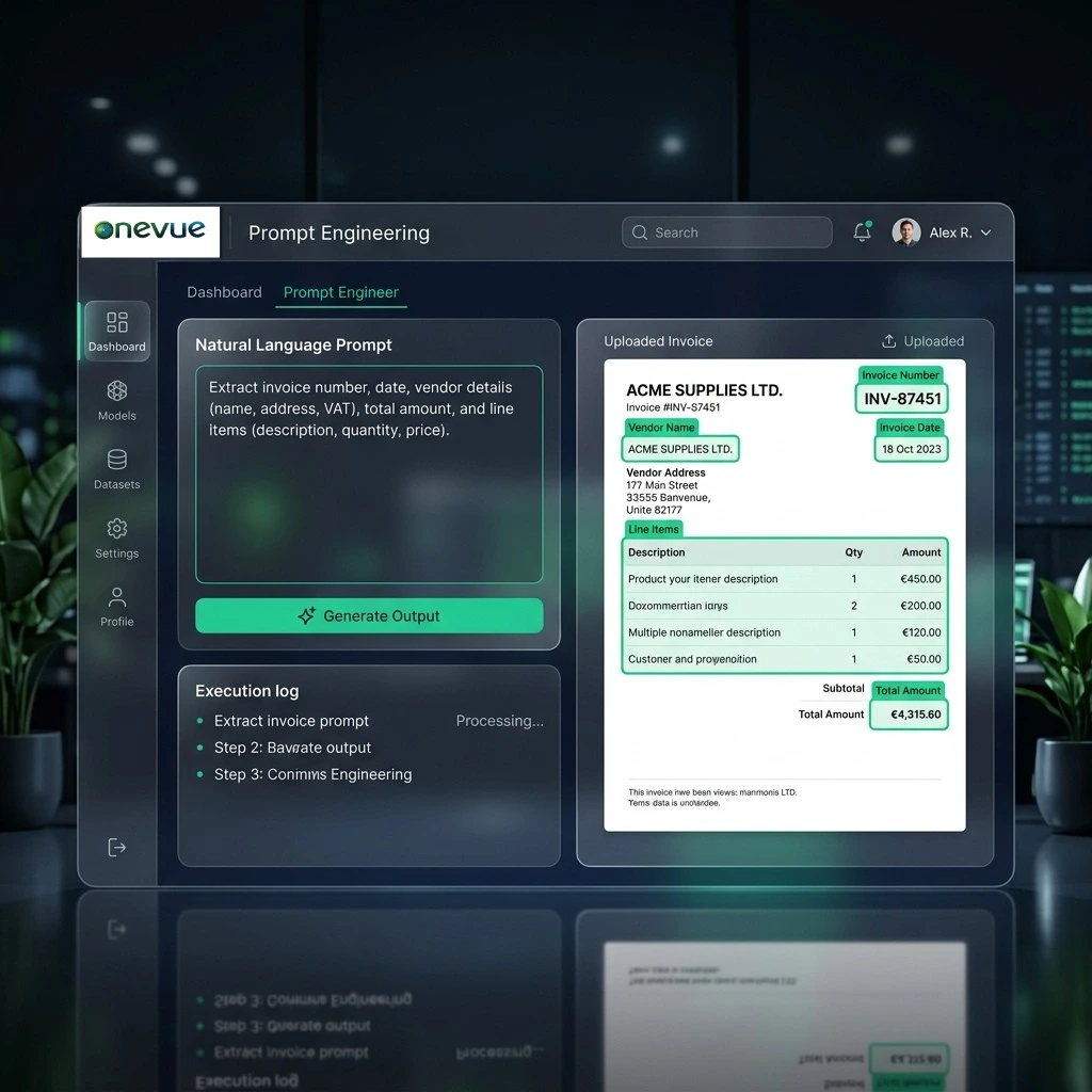 GenAI prompt-based invoice extraction interface : Ecovue OneVue Invoice